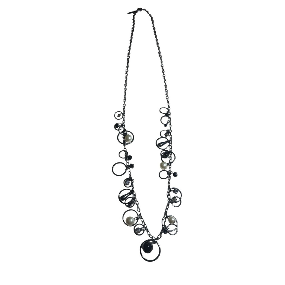 Gunmetal Statement Necklace Black Beads Faux Pearls Circle Pendant Vtg M